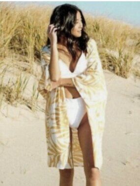 NWOT Maison Du Soir Magnolia Luxe Palm Kimono Robe in Orange/White Size XS/S